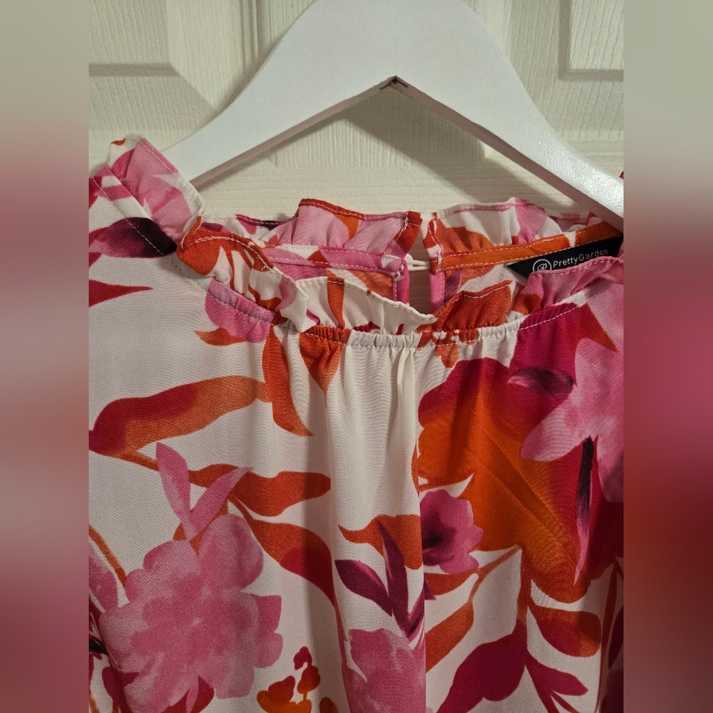 Pretty Garden Floral Ruffle Sleeve Top  Pink and Orange Size XL - Picture 4 of 8
